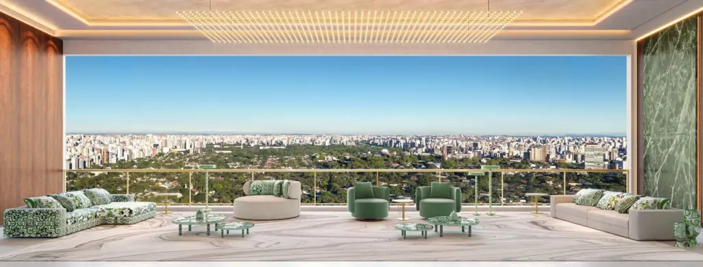 Living do apartamento de 246,80 m² do CAPRI Cyrela Jardim Europa. Perspectiva artística