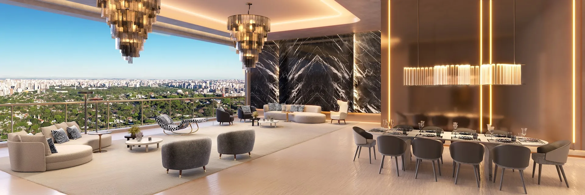 Living e jantar do apartamento de 279,30 m² do CAPRI Cyrela Jardim Europa. Perspectiva artística