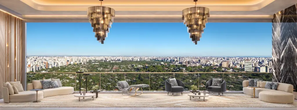 Living do apartamento de 279,30 m² do CAPRI Cyrela Jardim Europa. Perspectiva artística