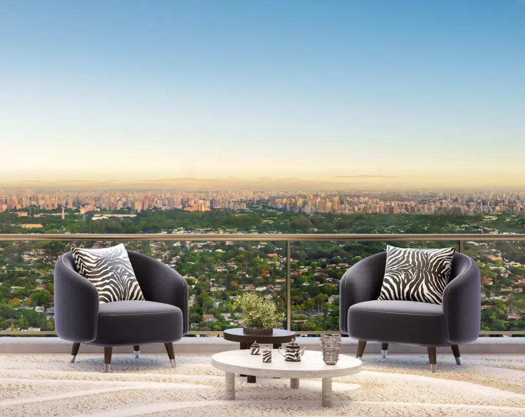 Terraço do apartamento de 279,30 m² do CAPRI Cyrela Jardim Europa com vista para o Jardim Europa. Perspectiva artística