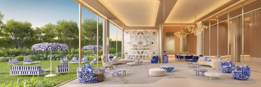 Blue Party Room e Blue Garden do CAPRI Cyrela Jardim Europa. Perspectiva artística
