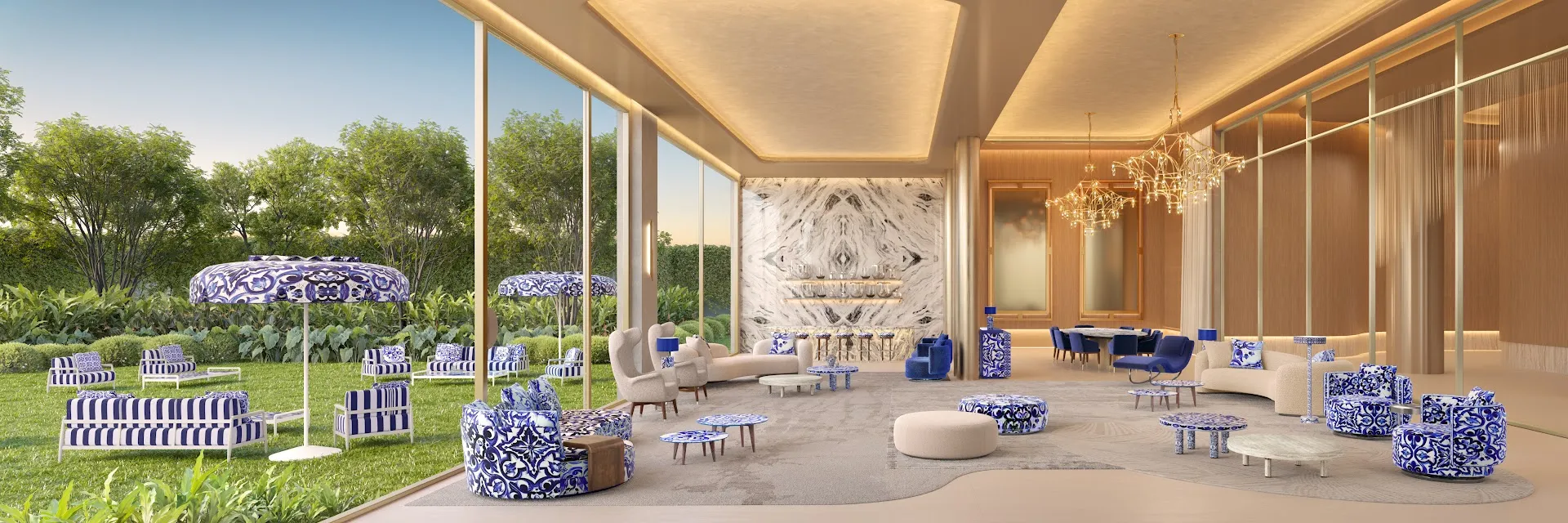 Blue Party Room e Blue Garden do CAPRI Cyrela Jardim Europa. Perspectiva artística