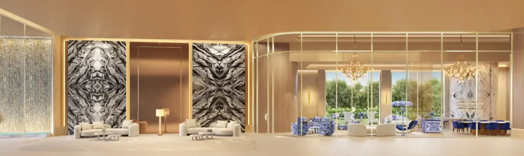 Lobby do CAPRI Cyrela Jardim Europa integrado ao jardim. Perspectiva artística