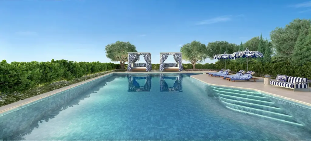 Piscina externa do CAPRI Cyrela Jardim Europa. Perspectiva artística