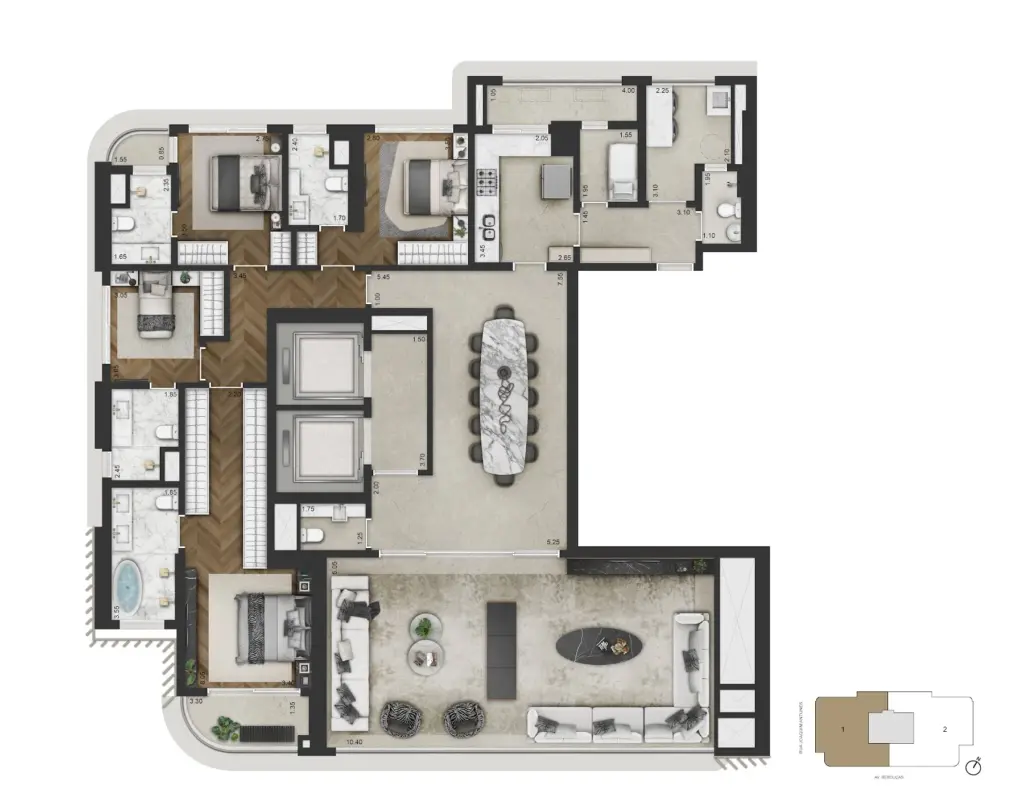 Planta de 246,80 m² com 4 suítes do CAPRI Cyrela Jardim Europa. Planta ilustrativa