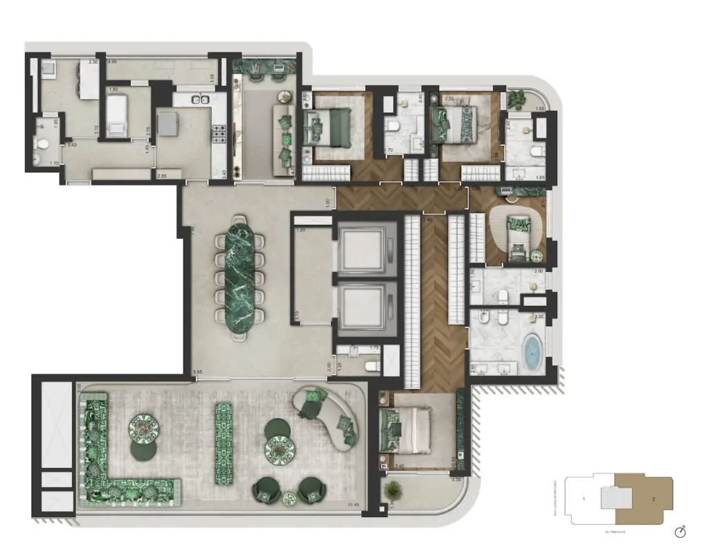 Planta de 279,30 m² com 4 suítes e sala íntima do CAPRI Cyrela Jardim Europa. Planta ilustrativa