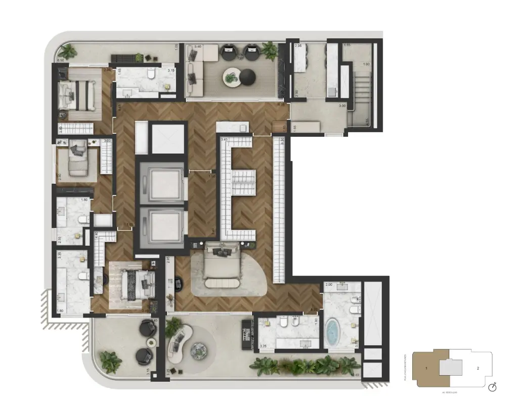 Planta do pavimento inferior do duplex de 516,40 m² do CAPRI Cyrela Jardim Europa. Planta ilustrativa