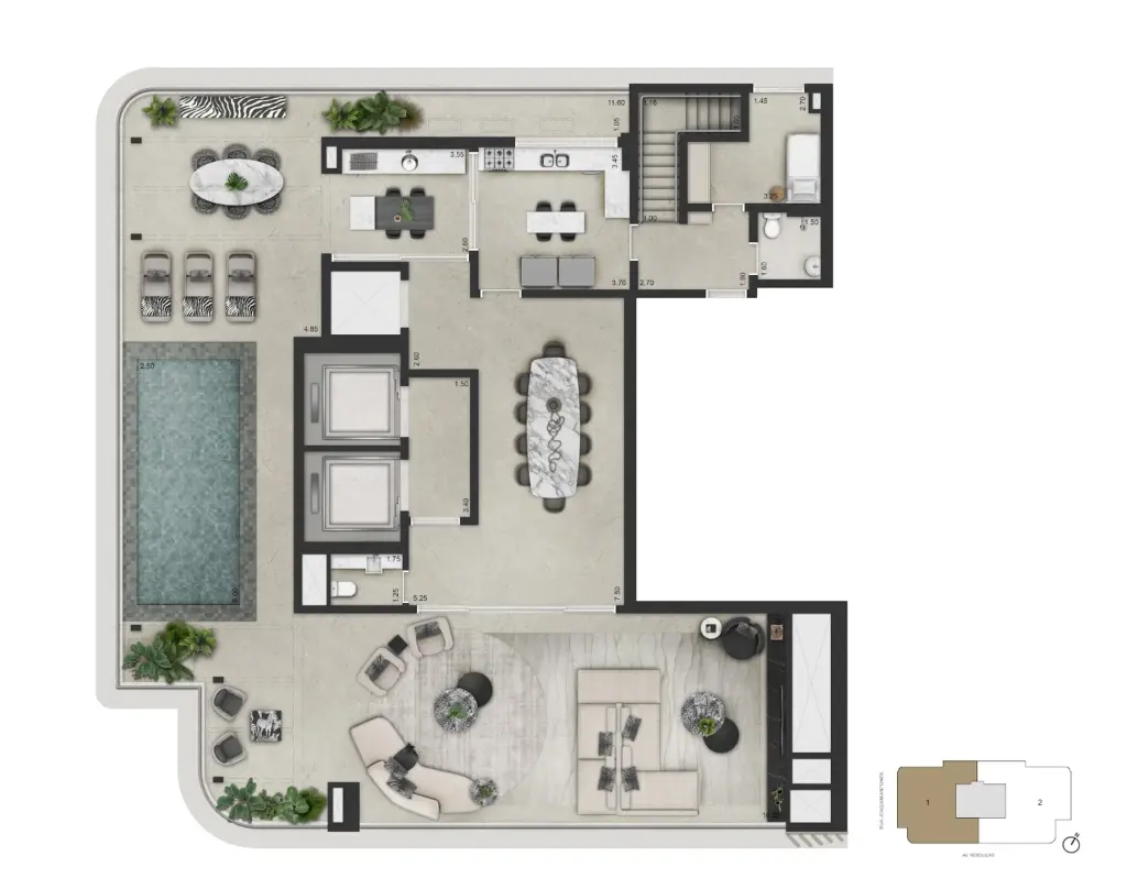 Planta do pavimento superior do duplex de 516,40 m² do CAPRI Cyrela Jardim Europa. Planta ilustrativa