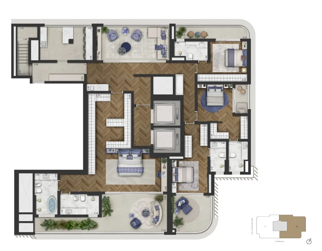 Planta do pavimento inferior do duplex de 591,50 m² do CAPRI Cyrela Jardim Europa. Planta ilustrativa