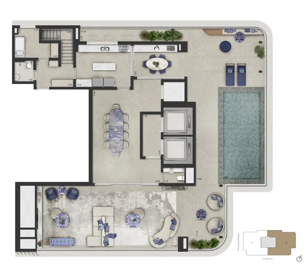 Planta do pavimento superior do duplex de 591,50 m² do CAPRI Cyrela Jardim Europa. Planta ilustrativa