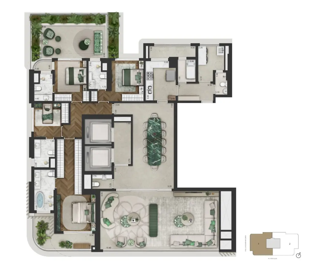 Planta garden de 279,90 m² com 4 suítes do CAPRI Cyrela Jardim Europa. Planta ilustrativa