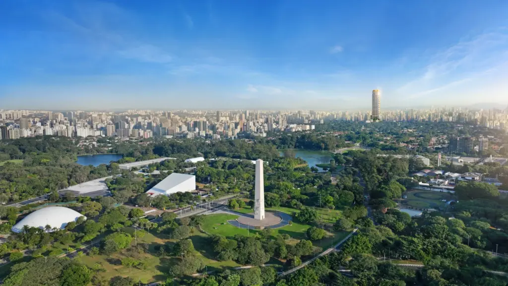 Fotomontagem aérea da região do EPIC Jardim Europa by Pininfarina, com o Parque do Ibirapuera ao fundo. Imagem ilustrativa