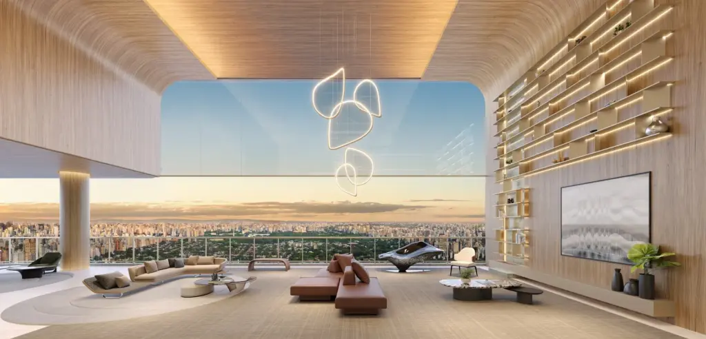 Living de uma das casas suspensas do EPIC Jardim Europa by Pininfarina. Perspectiva artística