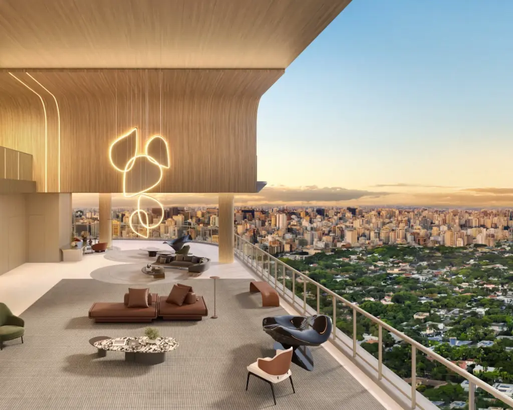 Terraço de uma das casas suspensas do EPIC Jardim Europa by Pininfarina com vista para o Jardim Europa. Perspectiva artística