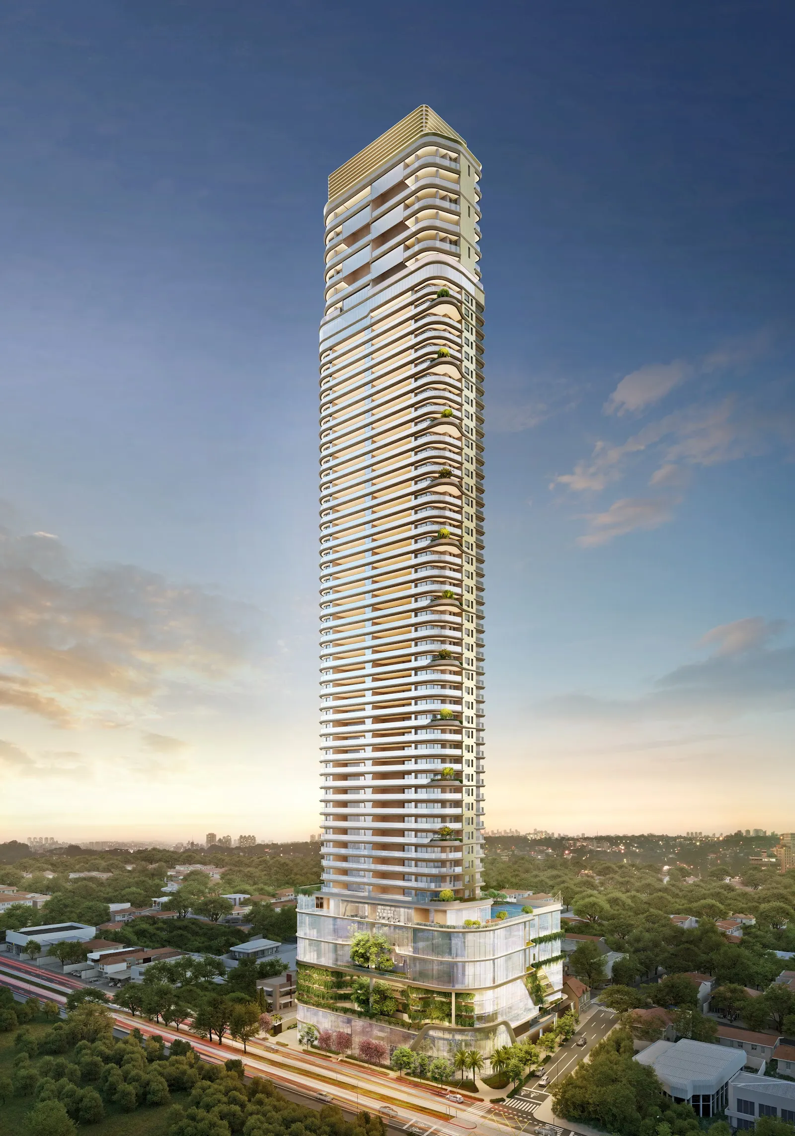 Fachada do EPIC Jardim Europa by Pininfarina, torre de 210 metros na Rua Joaquim Antunes, 377, Pinheiros. Perspectiva artística