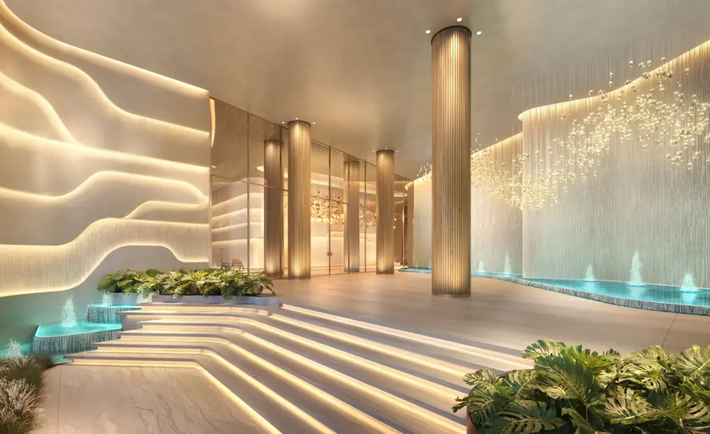 Lobby com espelho d'água do EPIC Jardim Europa by Pininfarina. Perspectiva artística