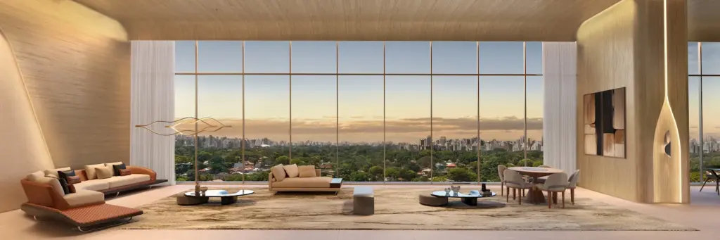 Party Lounge com vista para a cidade do EPIC Jardim Europa by Pininfarina. Perspectiva artística