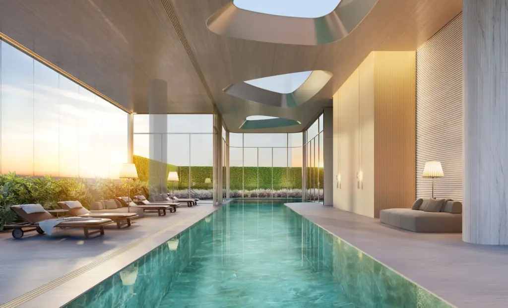 Piscina coberta do 8º pavimento do EPIC Jardim Europa by Pininfarina. Perspectiva artística
