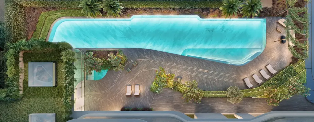 Piscina descoberta do EPIC Jardim Europa by Pininfarina, vista de cima. Perspectiva artística