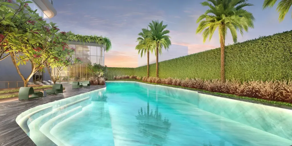Piscina descoberta com deck e solarium do EPIC Jardim Europa by Pininfarina. Perspectiva artística