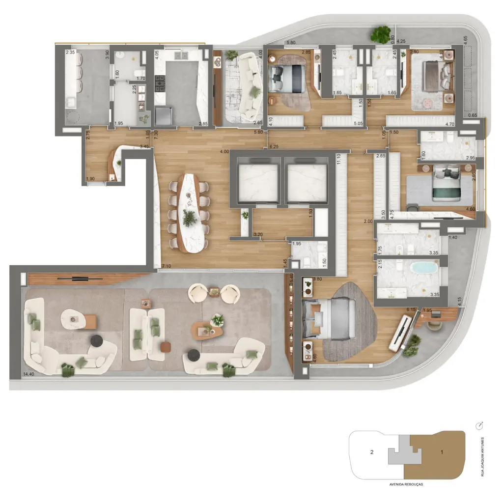 Planta de 379 m² com 4 suítes do EPIC Jardim Europa by Pininfarina. Planta ilustrativa