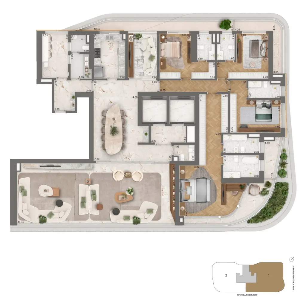 Planta de 400,5 m² com 4 suítes do EPIC Jardim Europa by Pininfarina. Planta ilustrativa