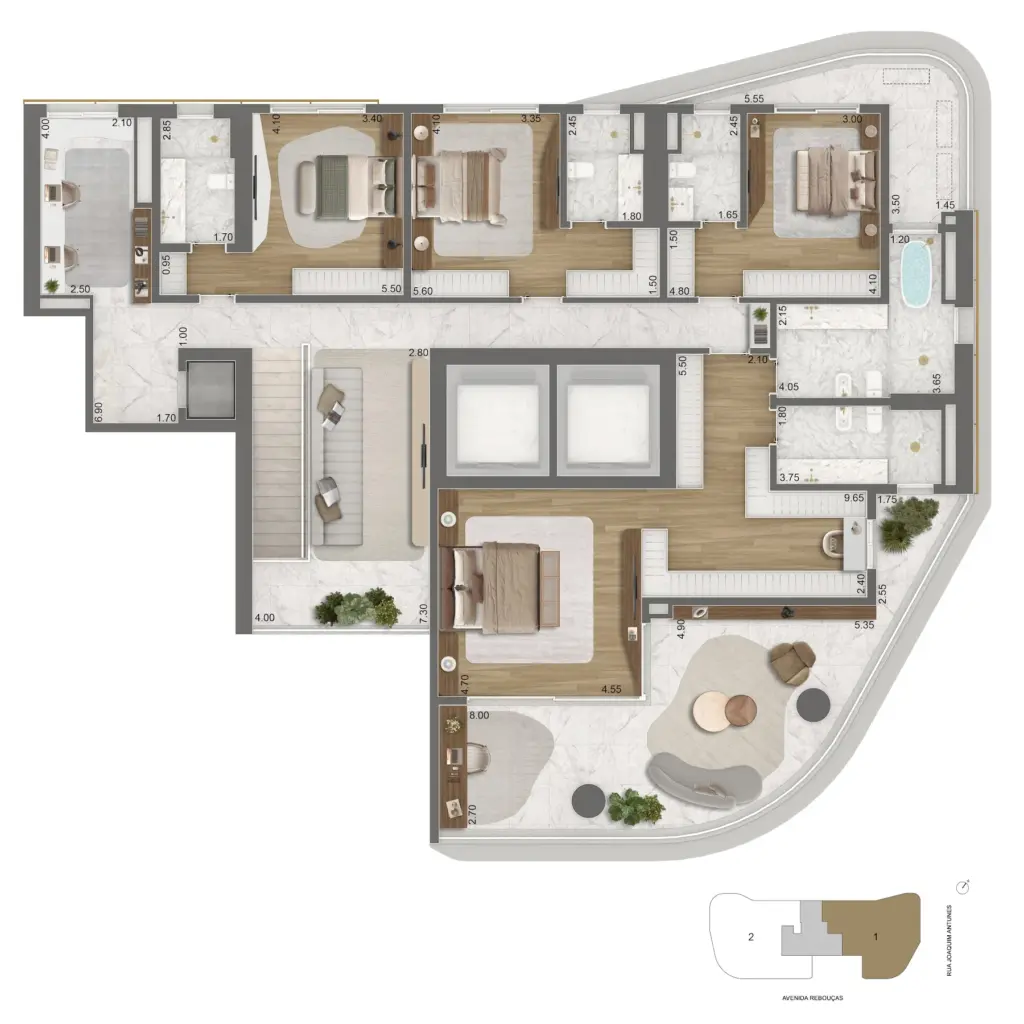 Planta do pavimento superior da casa de 637 m² do EPIC Jardim Europa by Pininfarina. Planta ilustrativa