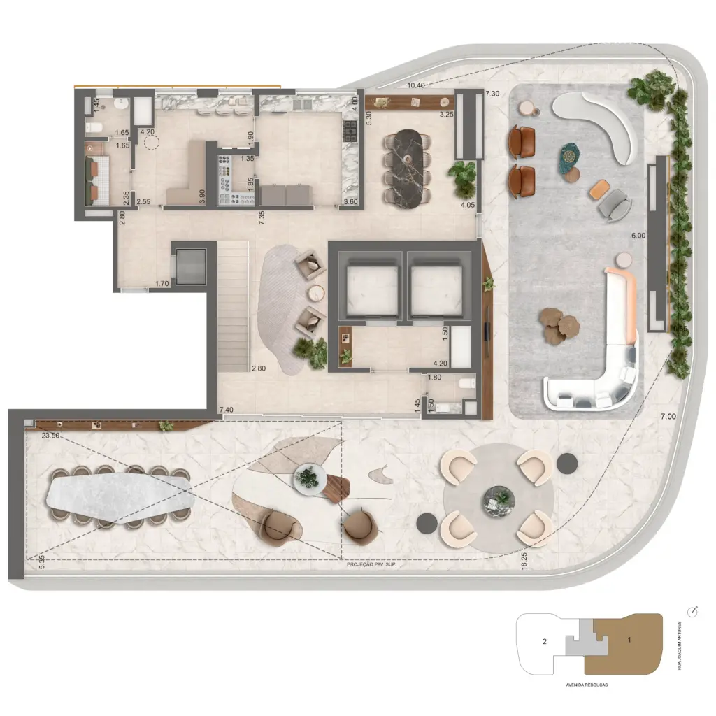 Planta do pavimento inferior da casa garden de 637 m² do EPIC Jardim Europa by Pininfarina. Planta ilustrativa