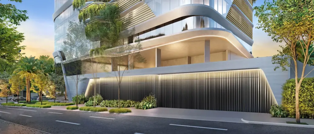 Entrada do EPIC Jardim Europa by Pininfarina na Rua Joaquim Antunes. Perspectiva artística