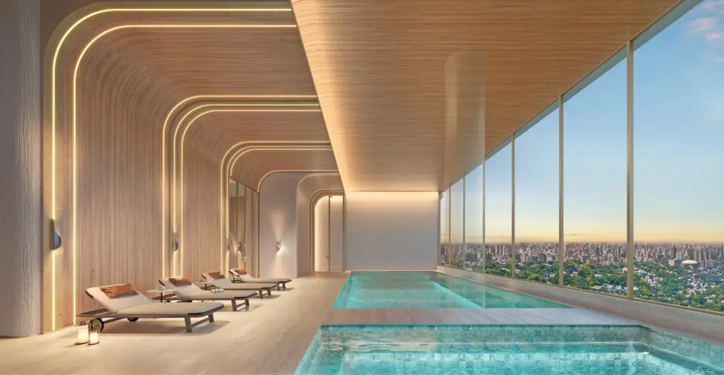 Sky Wellness com piscina no 51º pavimento do EPIC Jardim Europa by Pininfarina. Perspectiva artística