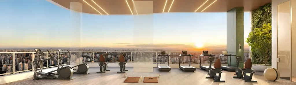 Academia com vista no 51º pavimento do EPIC Jardim Europa by Pininfarina. Perspectiva artística