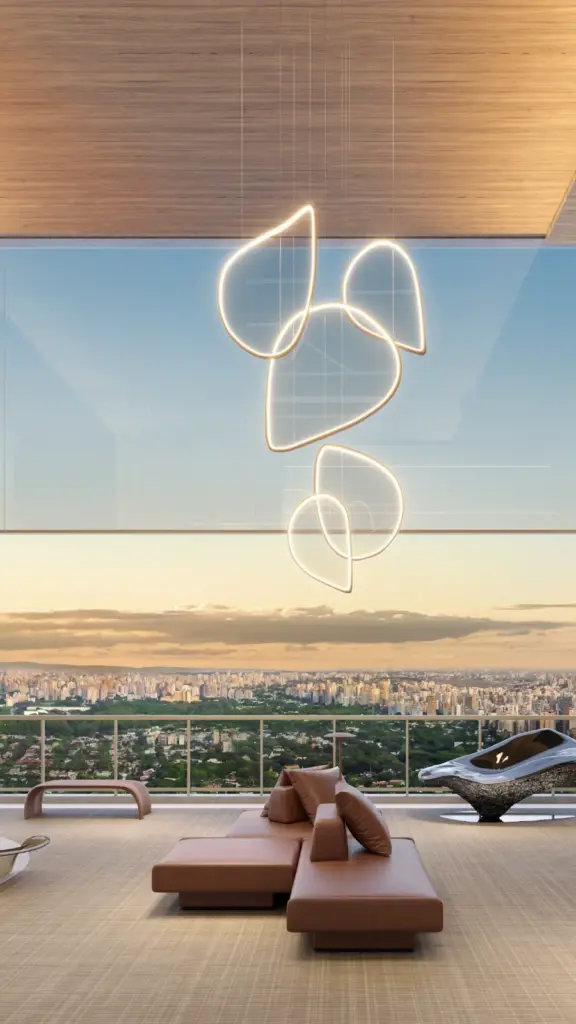 Capa do vídeo do EPIC Jardim Europa by Pininfarina: living de uma das casas suspensas com vista para o Jardim Europa