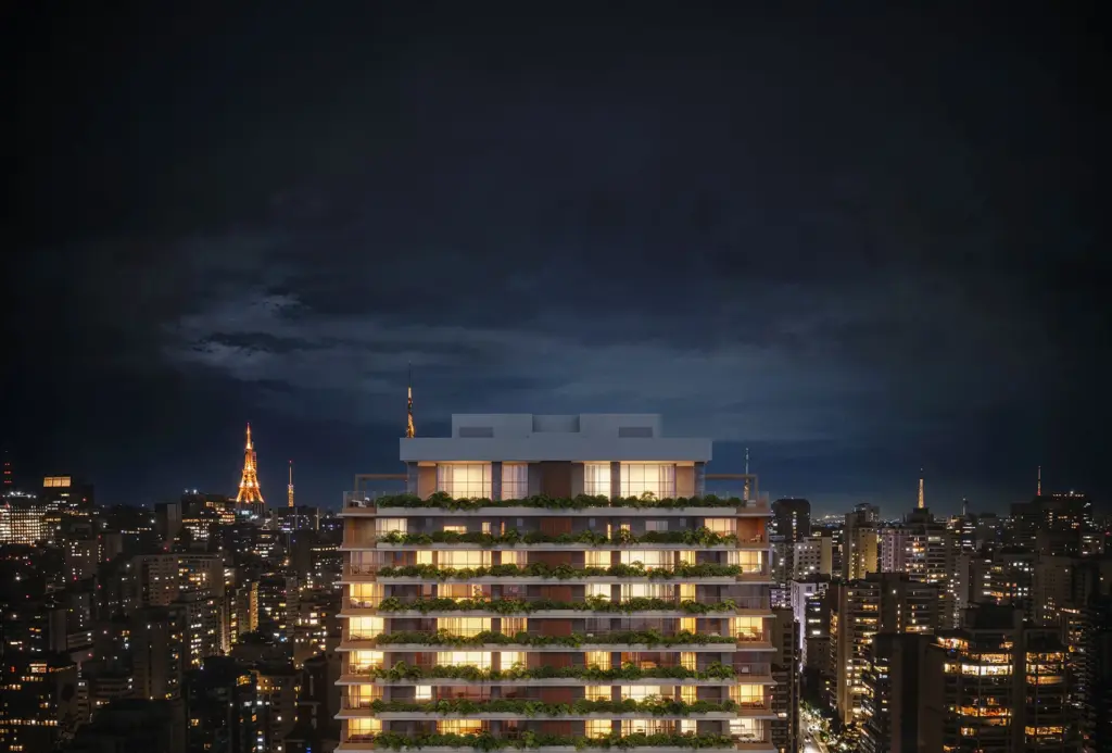 Fachada do ETERNO Alma Brasileira ao anoitecer, com terraços e paisagismo tropical. Perspectiva artística