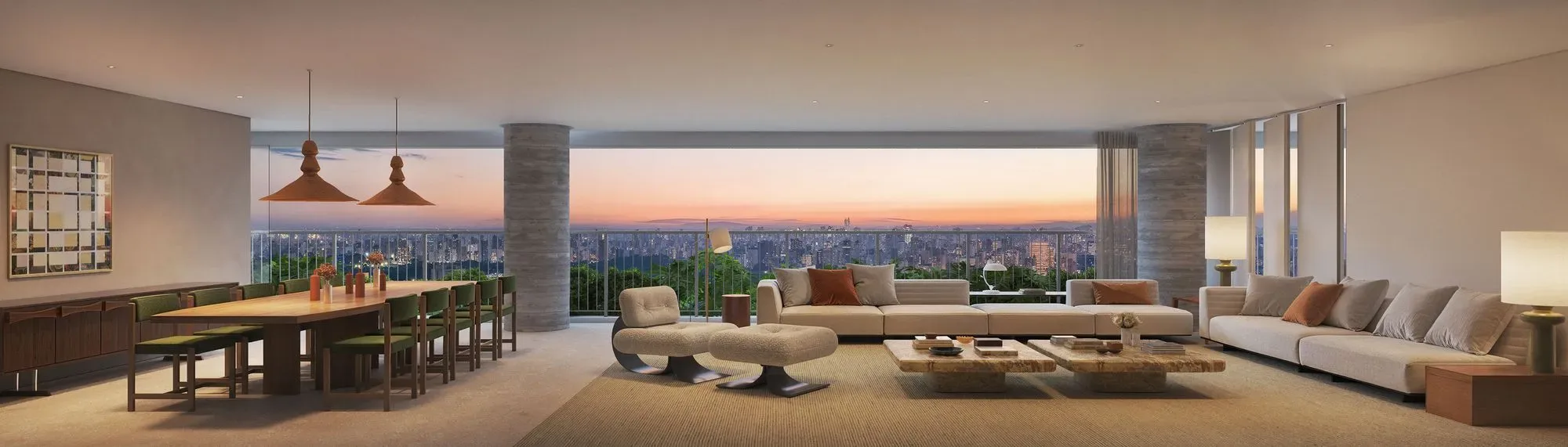Living integrado com terraço e vista da cidade no ETERNO Alma Brasileira. Perspectiva artística