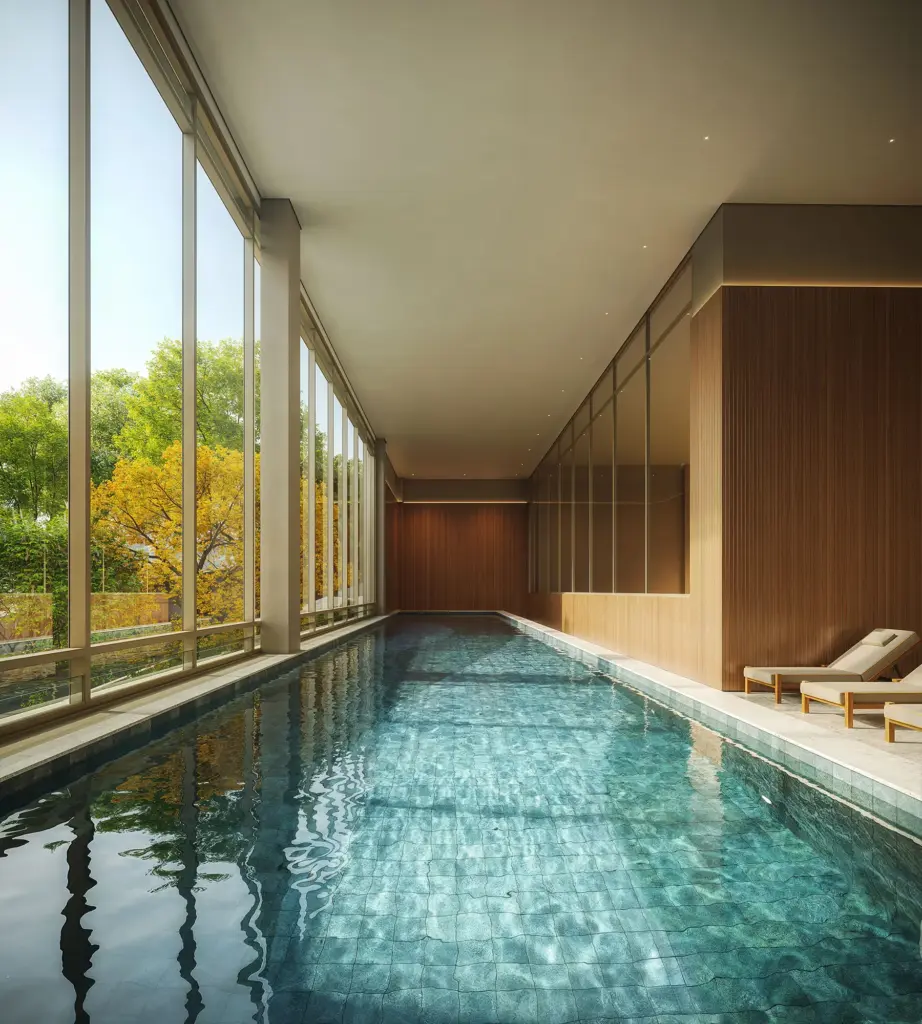 Piscina coberta climatizada com raia de 25 m do ETERNO Alma Brasileira. Perspectiva artística
