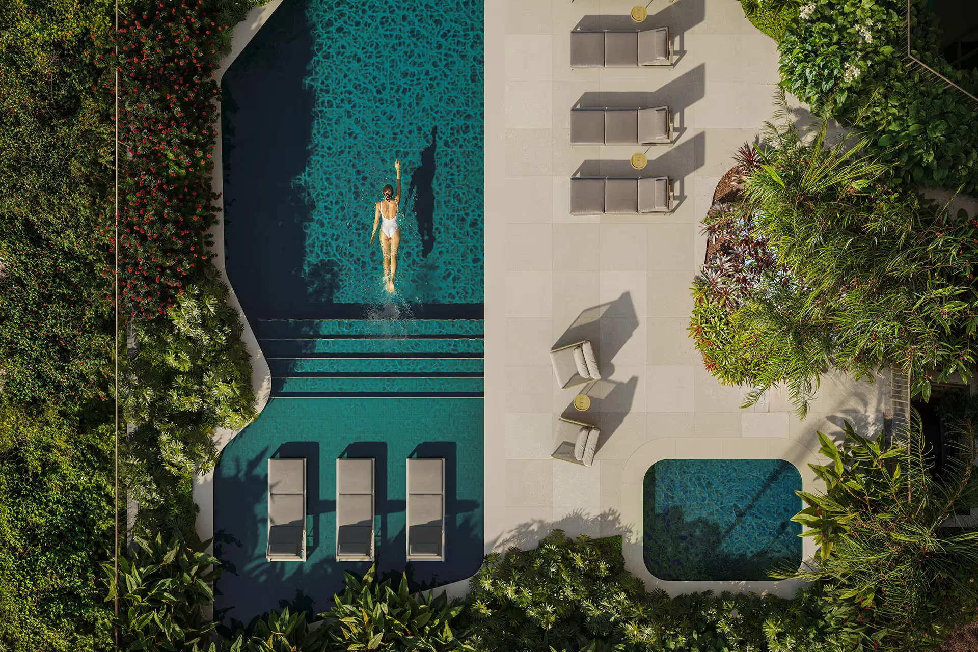 Vista superior das piscinas descobertas do ETERNO Alma Brasileira. Perspectiva artística