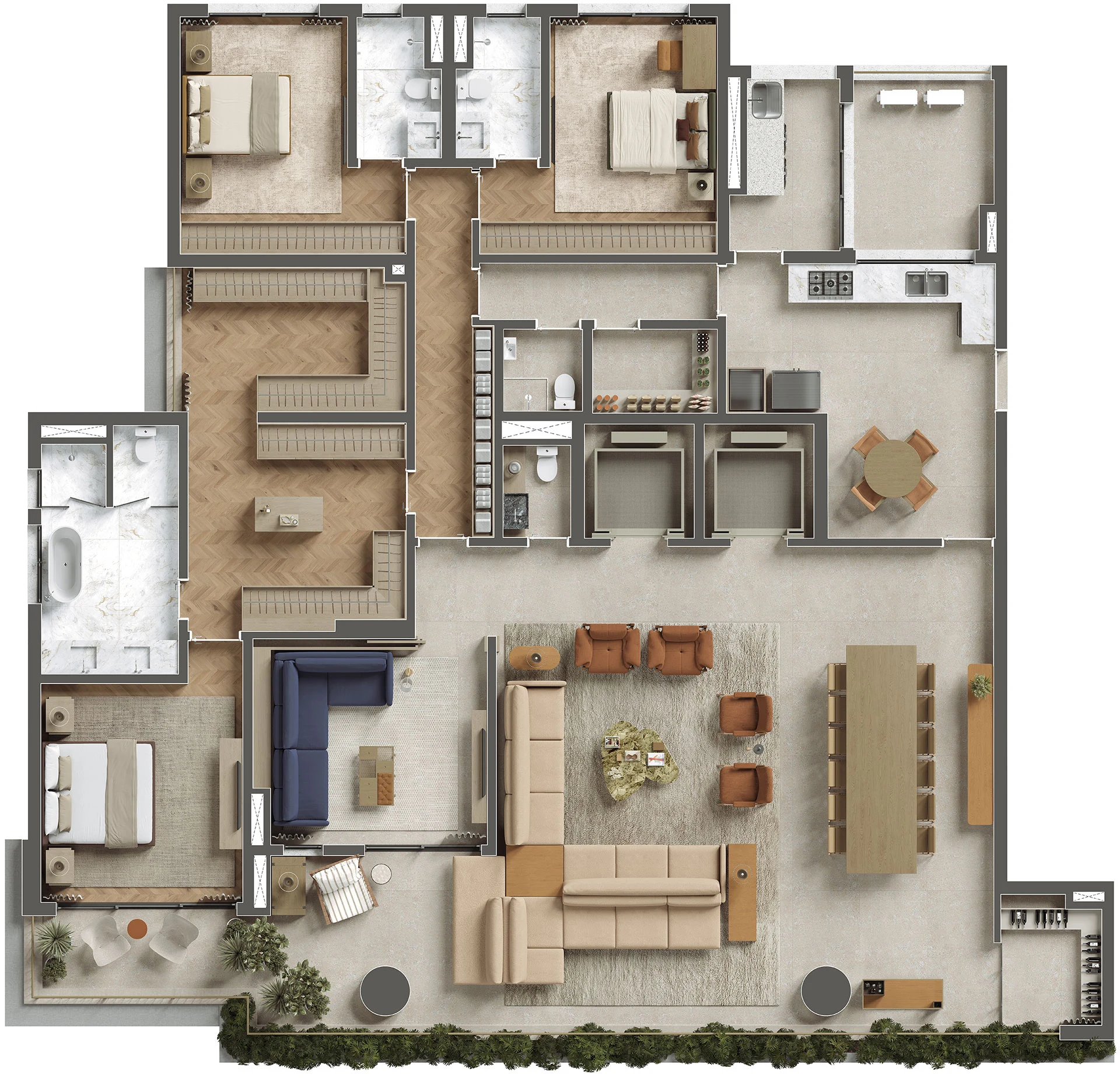 Planta opção do apartamento de 300 m² com 3 suítes do ETERNO Alma Brasileira. Planta ilustrativa