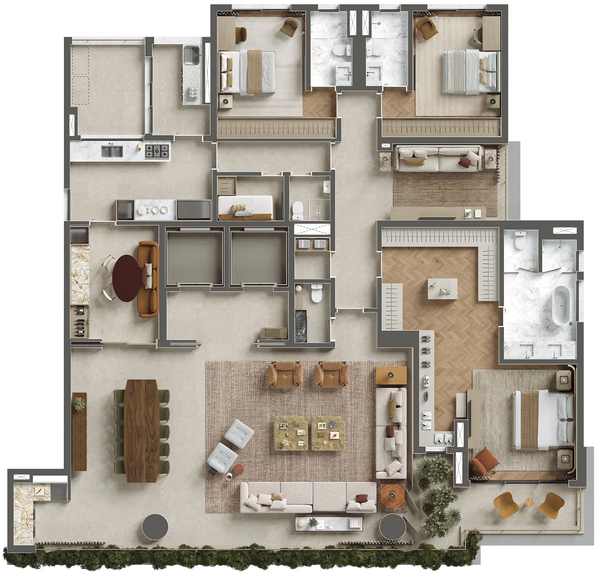 Segunda planta opção do apartamento de 300 m² com 3 suítes do ETERNO Alma Brasileira. Planta ilustrativa