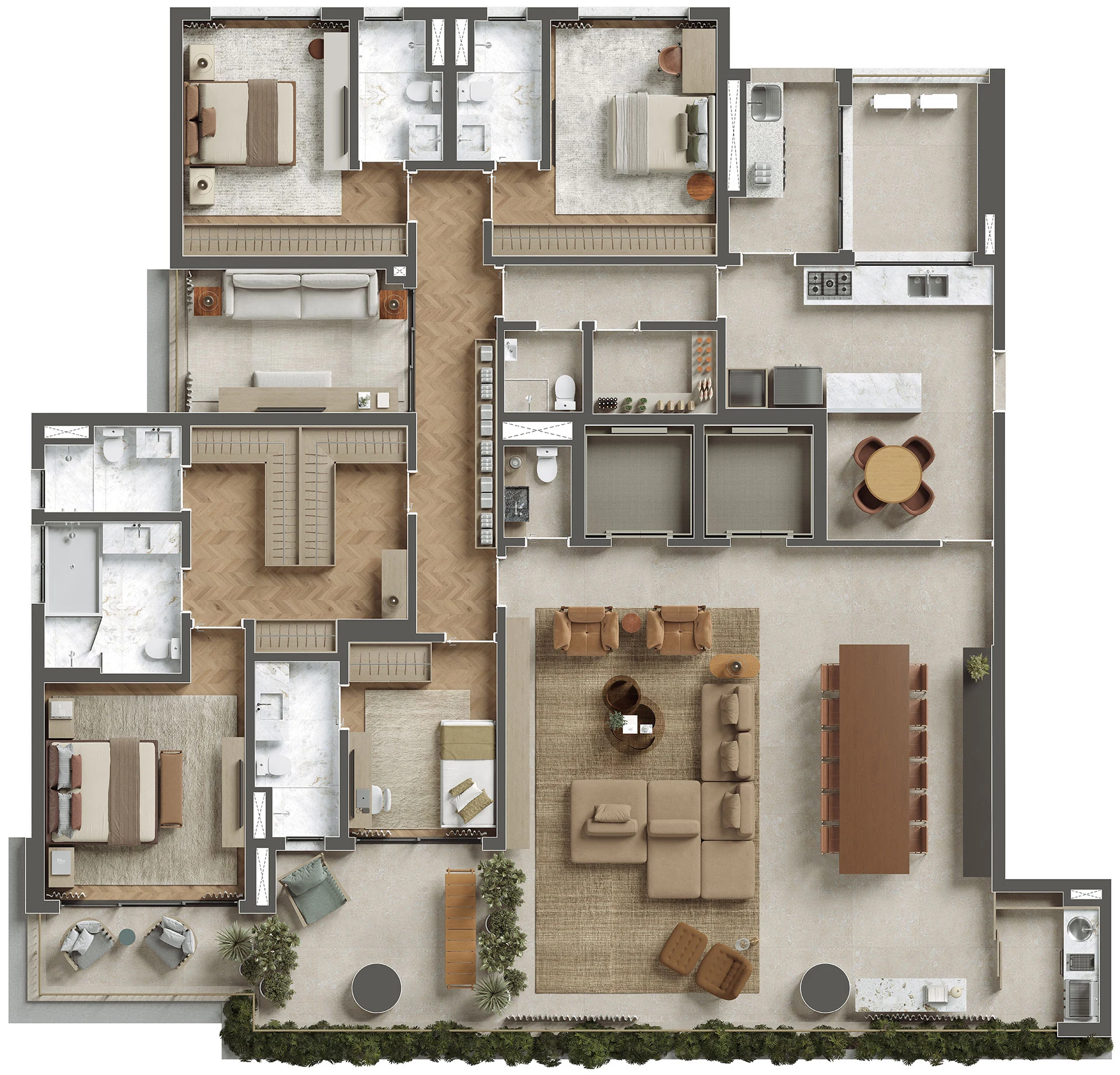 Planta do apartamento de 300 m² com 4 suítes do ETERNO Alma Brasileira. Planta ilustrativa