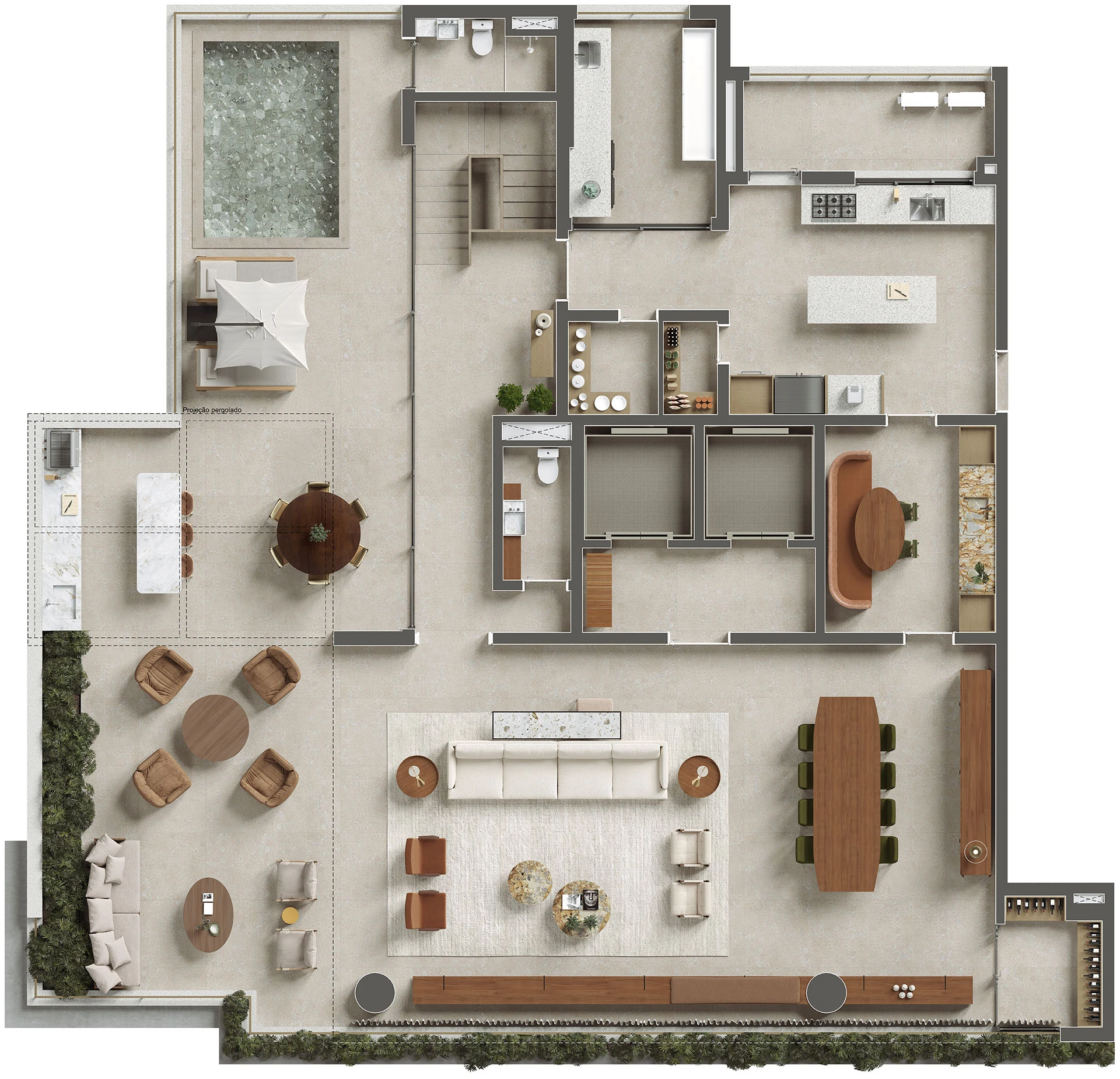 Planta do piso superior da cobertura duplex de 588 m² do ETERNO Alma Brasileira. Planta ilustrativa