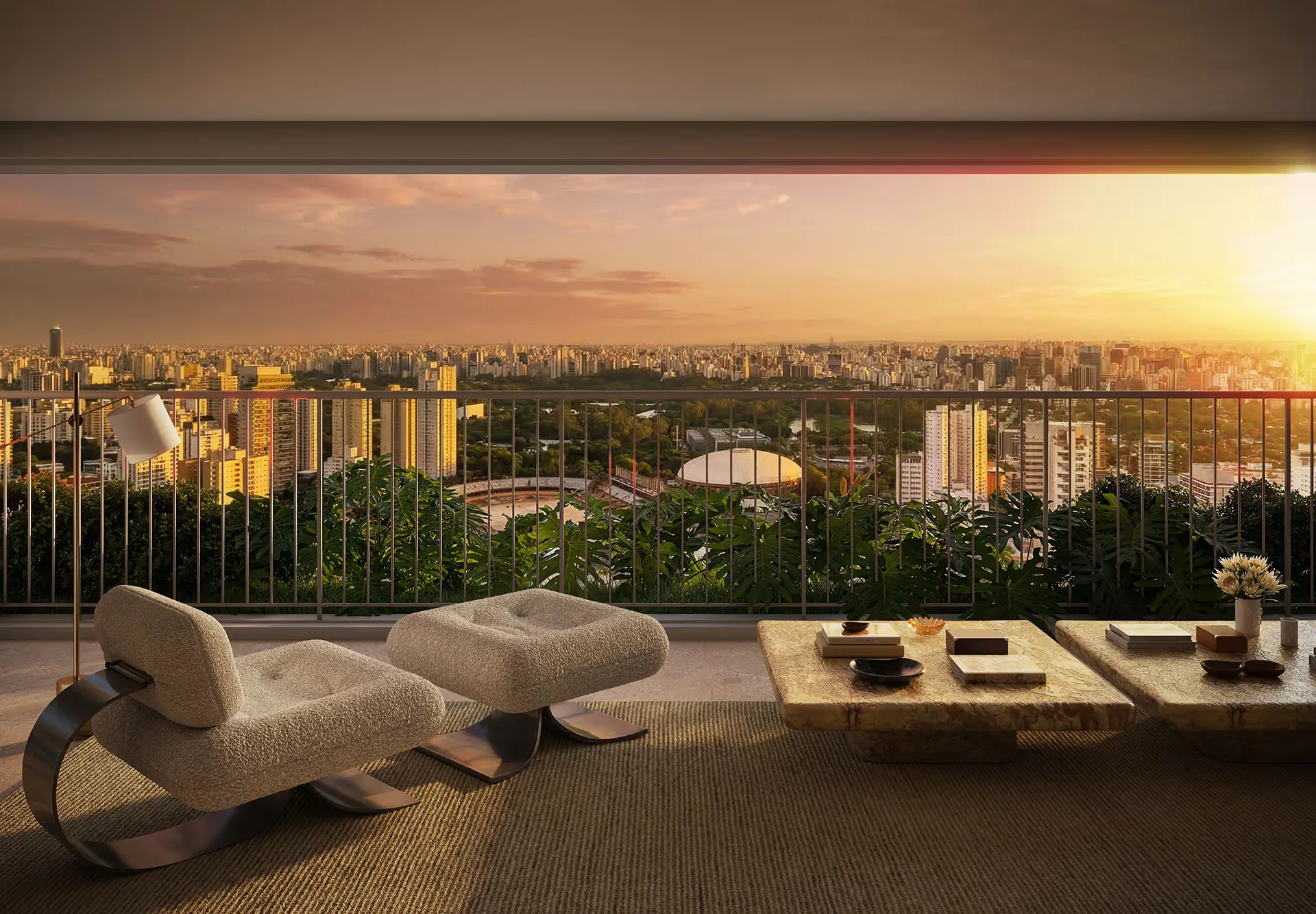 Sala de estar do apartamento de 300 m² do ETERNO Alma Brasileira com terraço voltado para o Parque do Ibirapuera. Perspectiva artística